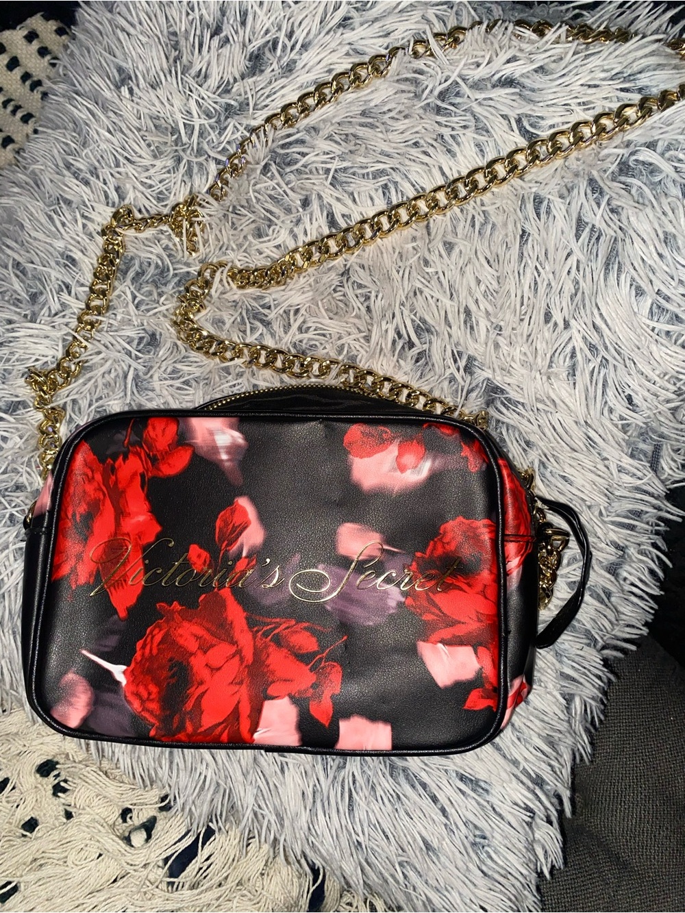 Victoria's Secret Black Crossbody Bag with Red Floral Print and Gold Chain